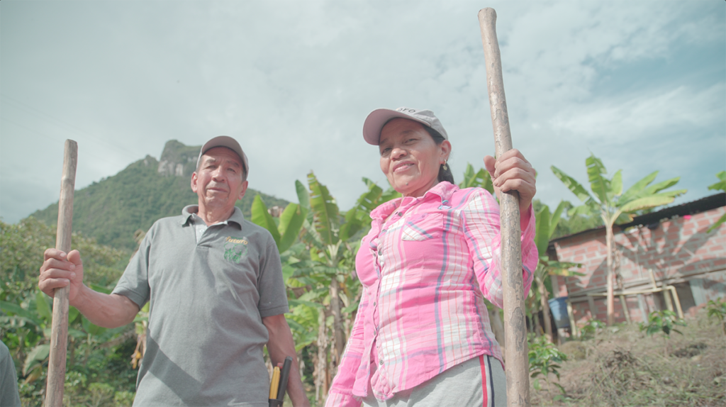 Coffee farmers stand next to their crops in Colombia