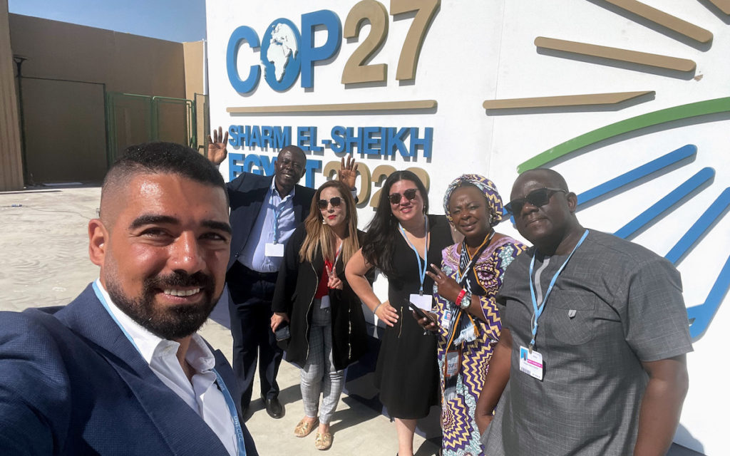 Solidaridad team members at COP27, including (L to R) Shady Matta, Nicholas Issaka Gbana, Sofia Núñez, Valery Cohn Berger, Sophiatou Babaedjou Colliee and Winston Kwadwo Asante.