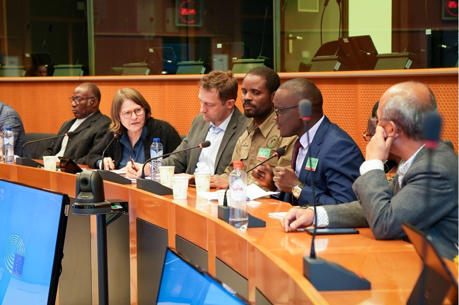 Left to right: Daniel Amponsah, Heidi Hautala, Christophe Hansen, Pedro Marenja, Pison Kukundakwe, Kpomin Edi and Napolean Ningkos in conversation at the European Parliament. Photo credit: Steven De Winter/Solidaridad