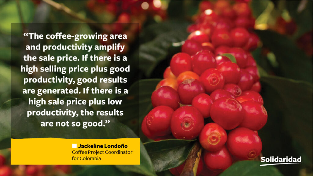 Graphic with a quote: "The coffee-growing area and productivity amplify the sale price. If there is a high selling price plus good productivity, good results are generated. If there is a high sale price plus low productivity, the results are not so good." by Jackeline Londoño Consultant of the Solidaridad Colombia Coffee Program