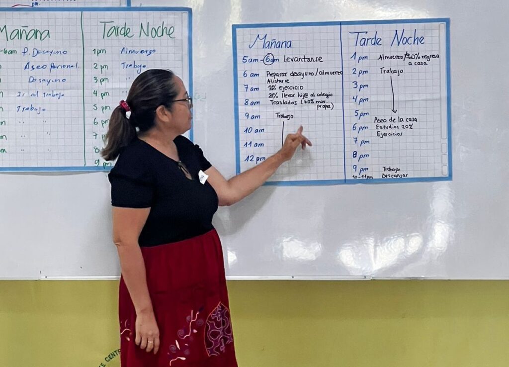 Patricia Seijas, a specialist from the Earth Innovation Institute, explains the results of a time-keeping activity to help attendees understand the division of labor among families.