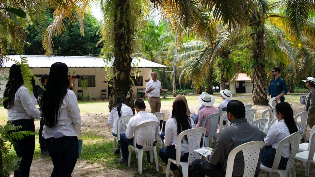 Luis Orlando Rivera, a palm grower who participated in the project, explains good sustainability practices. © Solidaridad